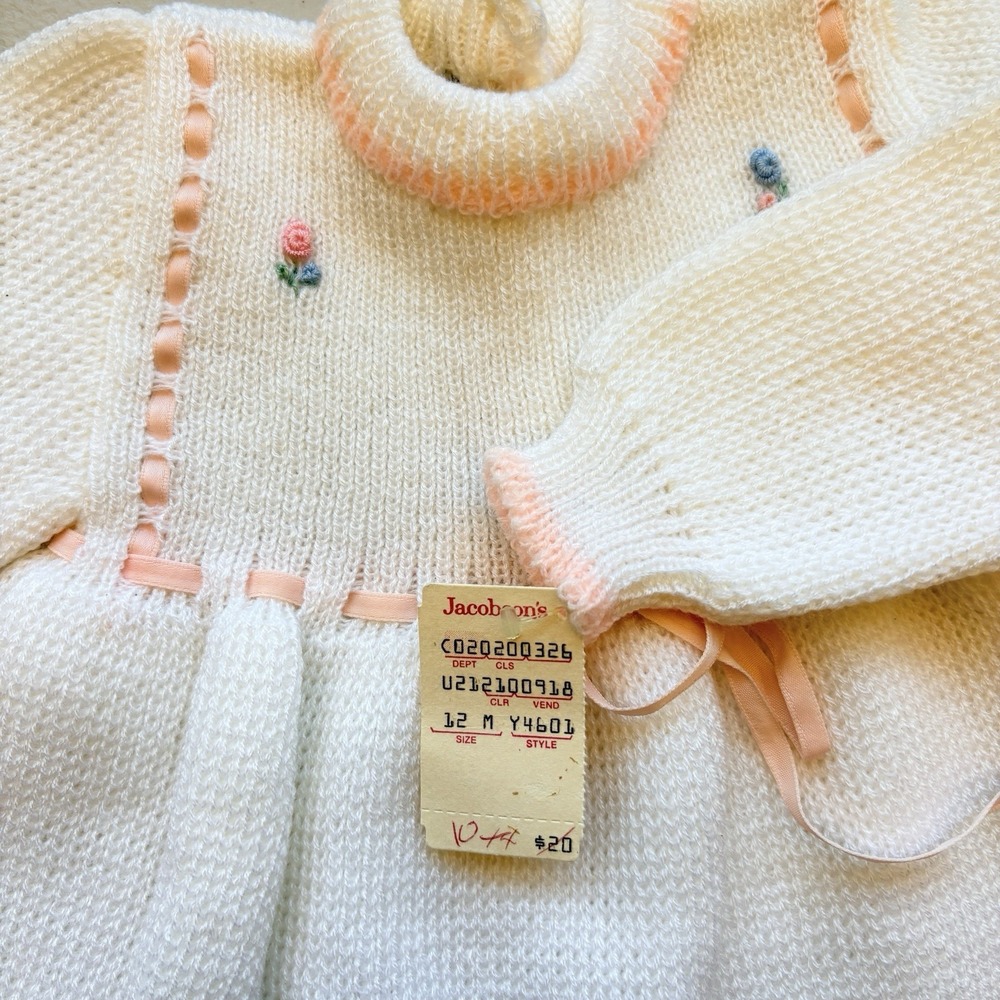 NWT Vintage Jacobsons Dress Baby Girl 12M Embroidered White Pink Ribbon Trim - Picture 5 of 8